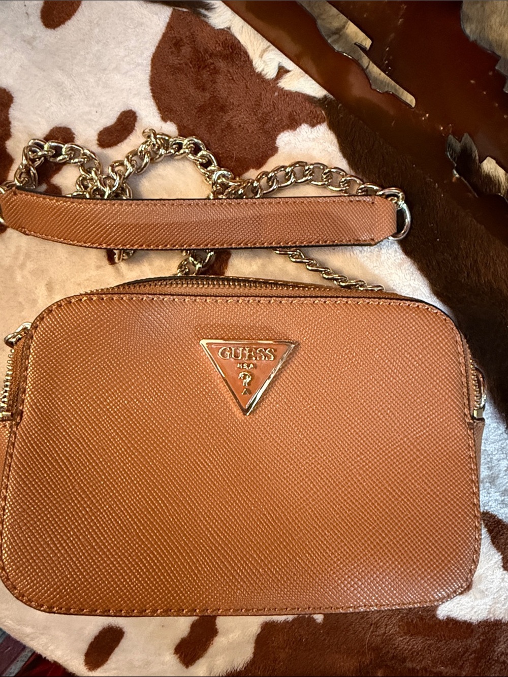 GUESS Tan Brown Crossbody with Gold Chain Strap